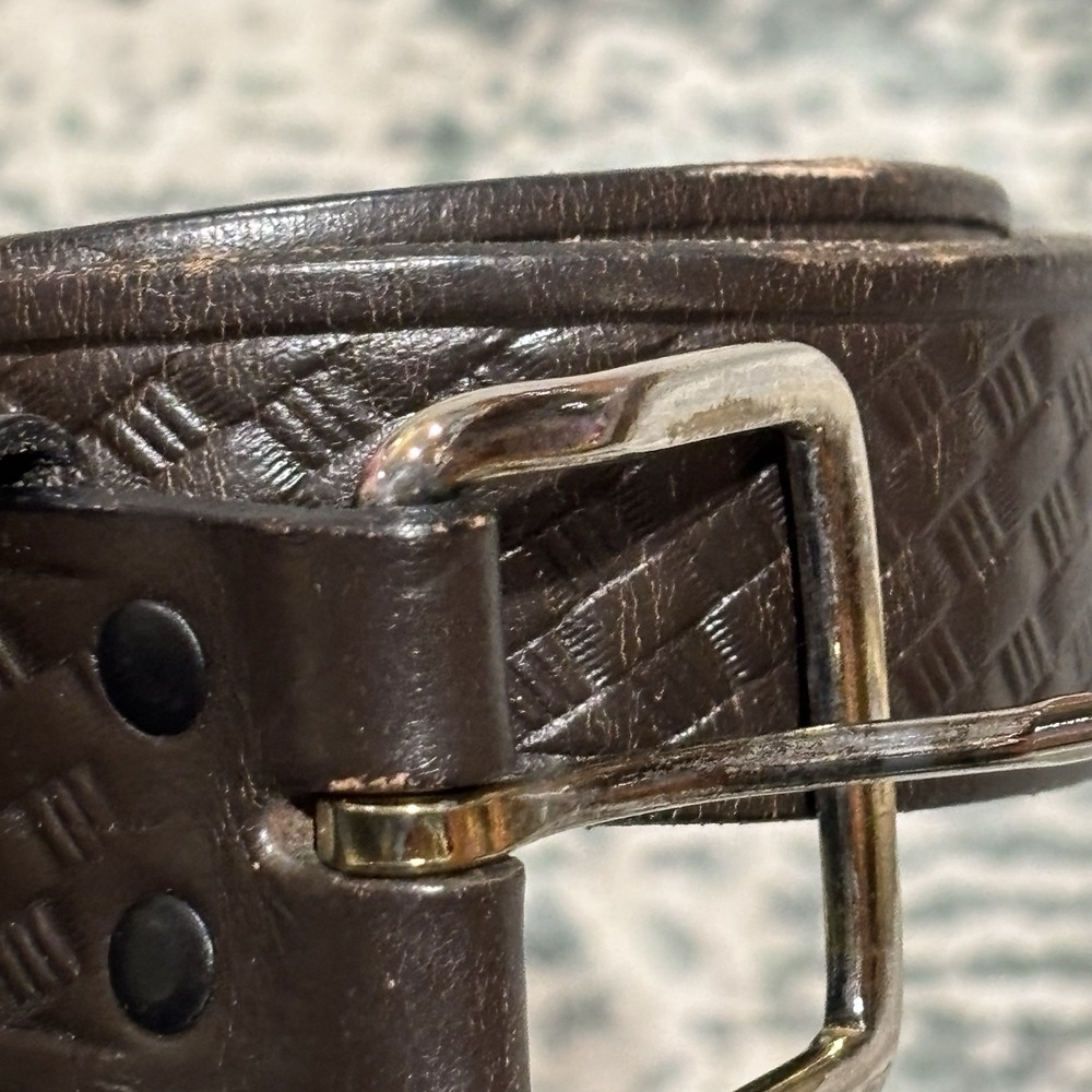 Vtg Leather Belt Men Brown  Carbon Filter Pattern Brass Adjustable Buckle
